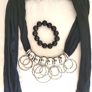 Black Scarf Necklace & Elastic Bead Bracelet